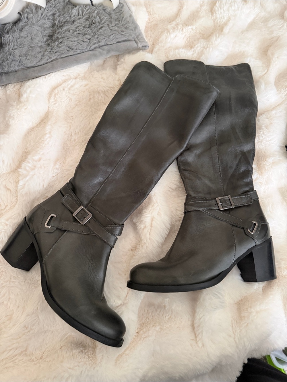 Italian made leather boots Tall Buckle Boots in Dark Gray